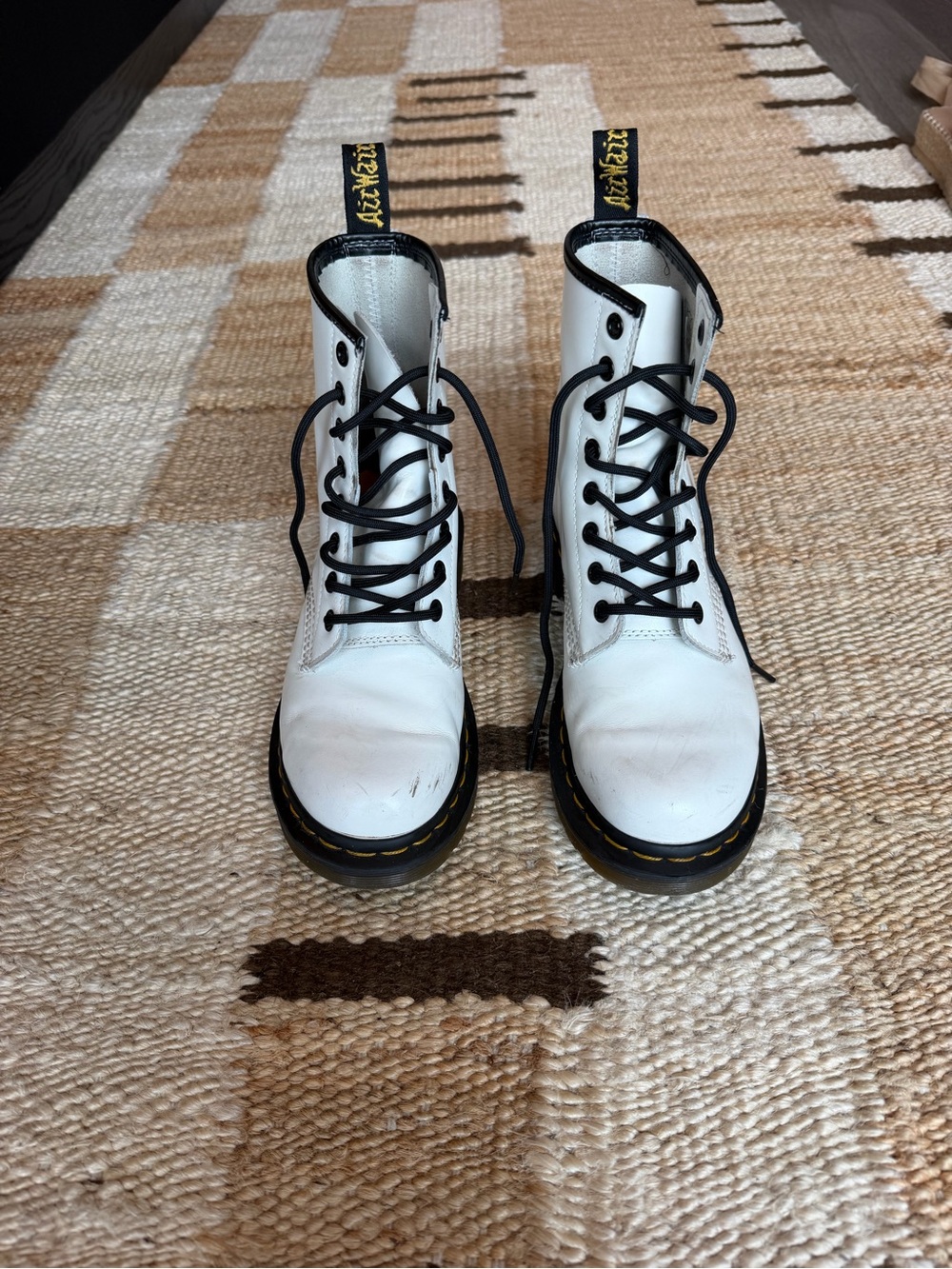 Dr. Martens White Leather Lace-Up Combat Boots with Black Trim